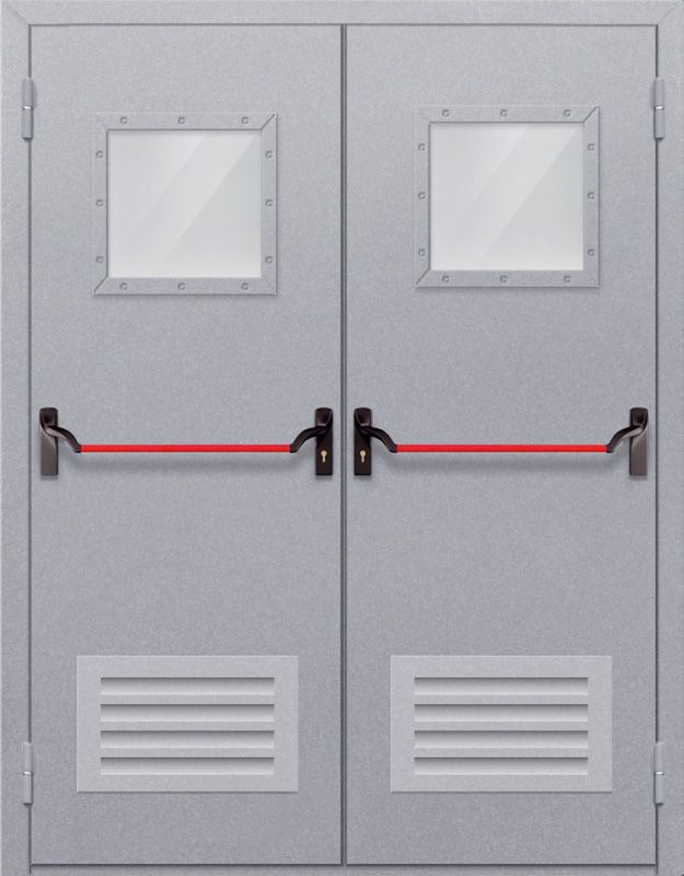 картинка Двупольная дверь с квадратным стеклом ДПМ-02-EIW60 с решеткой и антипаникой магазин Дверкин 