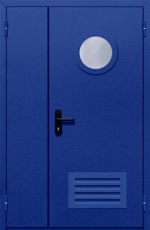 картинка Полуторная дверь с круглым стеклом ДПМ-02-EIW60 с решеткой (Синяя) магазин Дверкин 